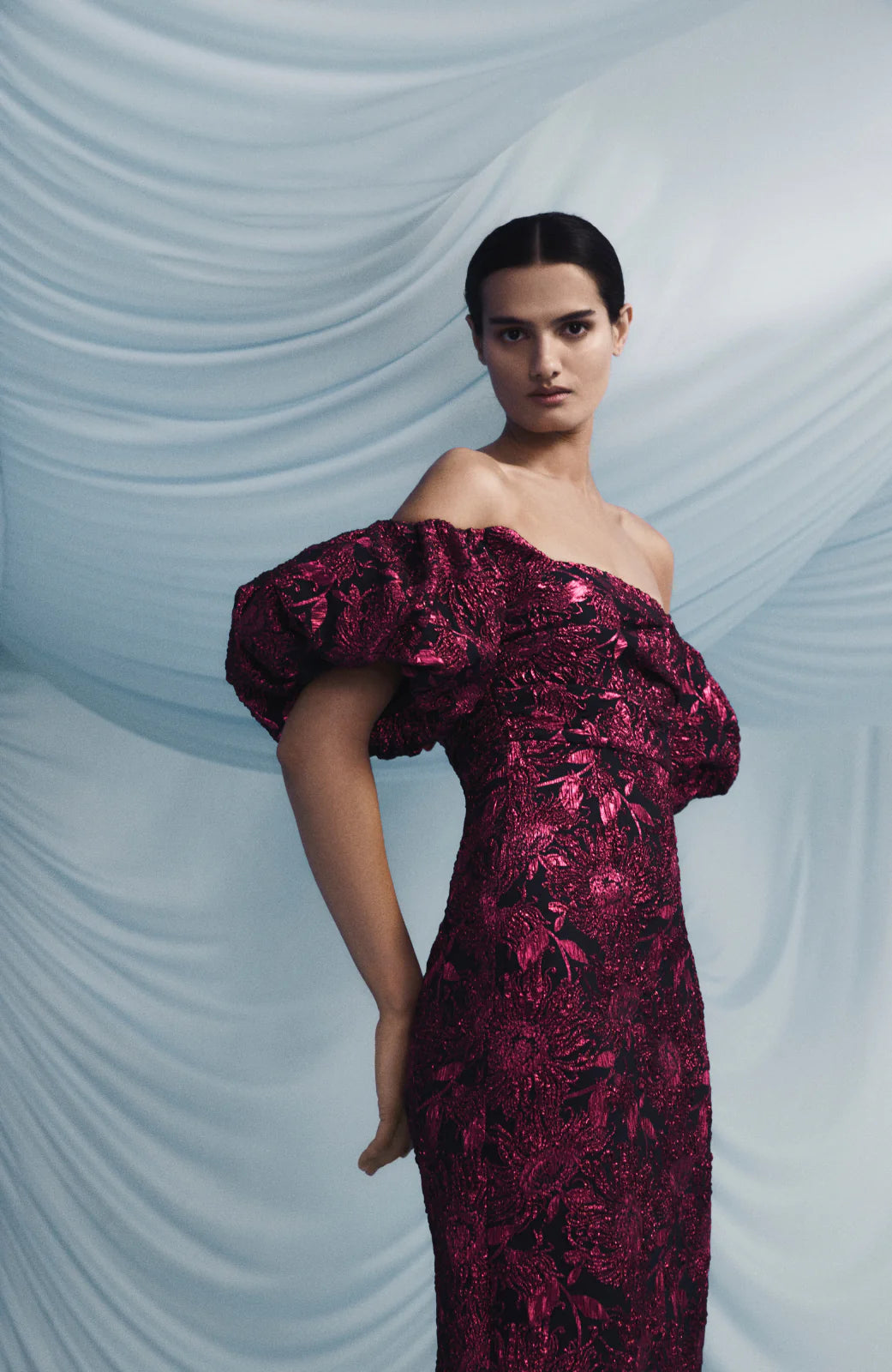 Sunflower Jacquard Puff Sleeve Sheath - Navy/Pink