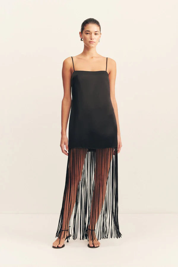 moraya square neck fringe maxi dress - black