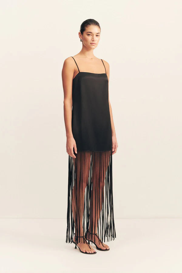 moraya square neck fringe maxi dress - black