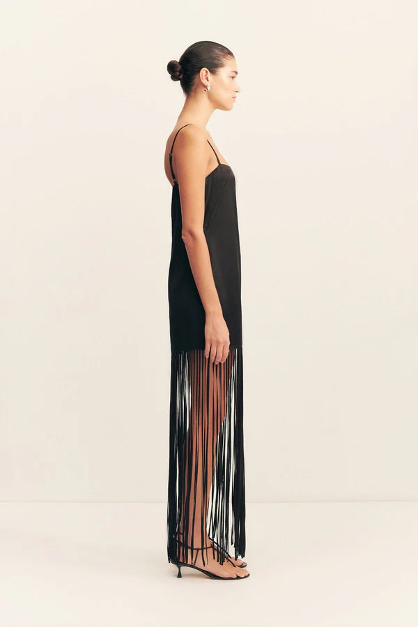 moraya square neck fringe maxi dress - black