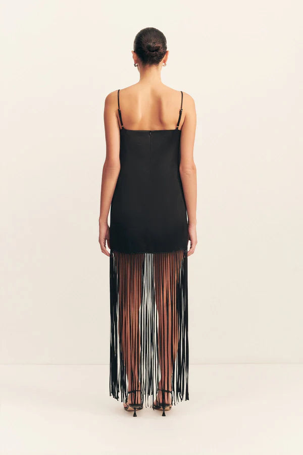 moraya square neck fringe maxi dress - black