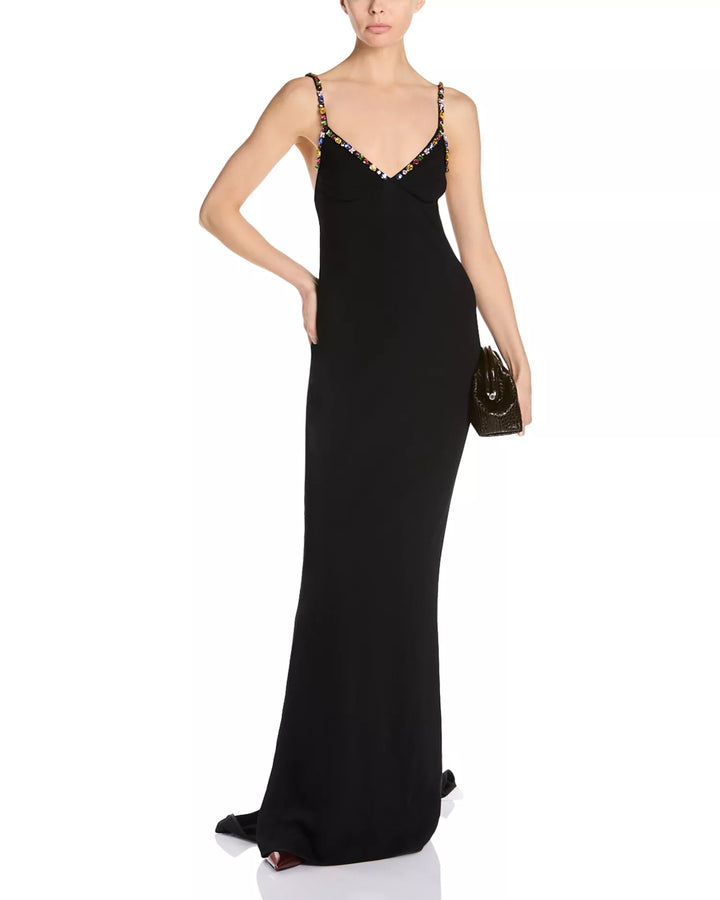 Embellished V Neck Gown - Black