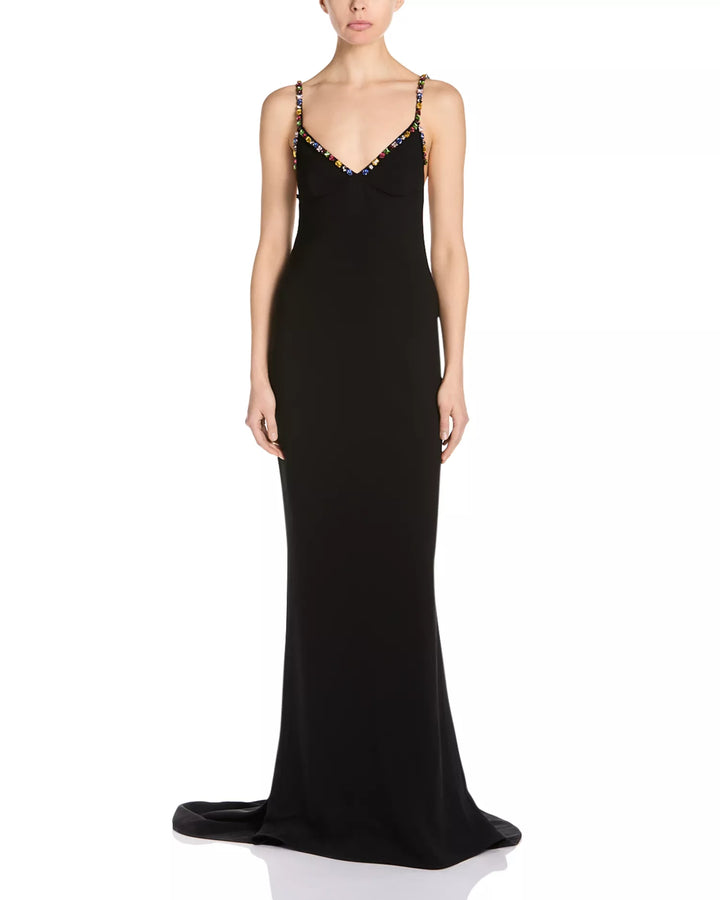 Embellished V Neck Gown - Black