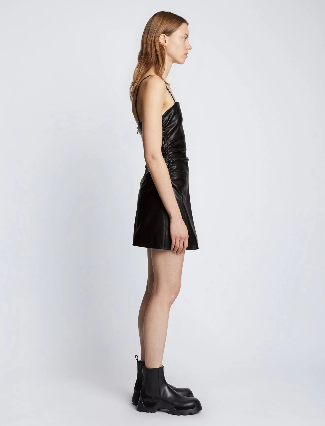 Faux Leather Ruched Mini Dress - Black