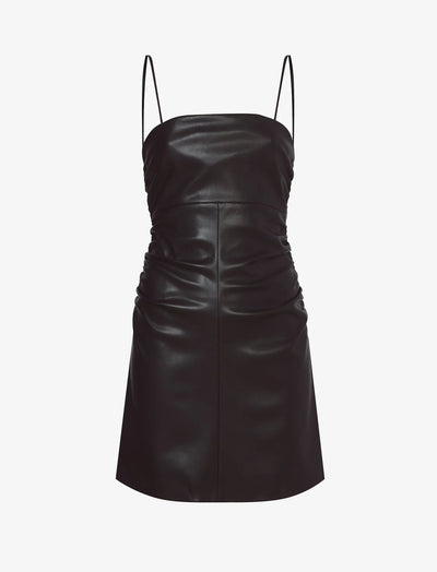 Faux Leather Ruched Mini Dress - Black