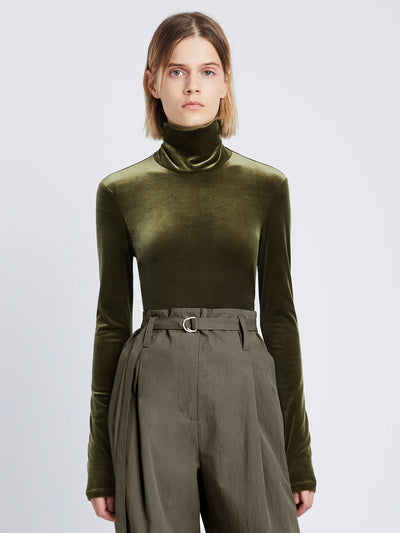 Stretch Velvet Turtleneck Top - Military
