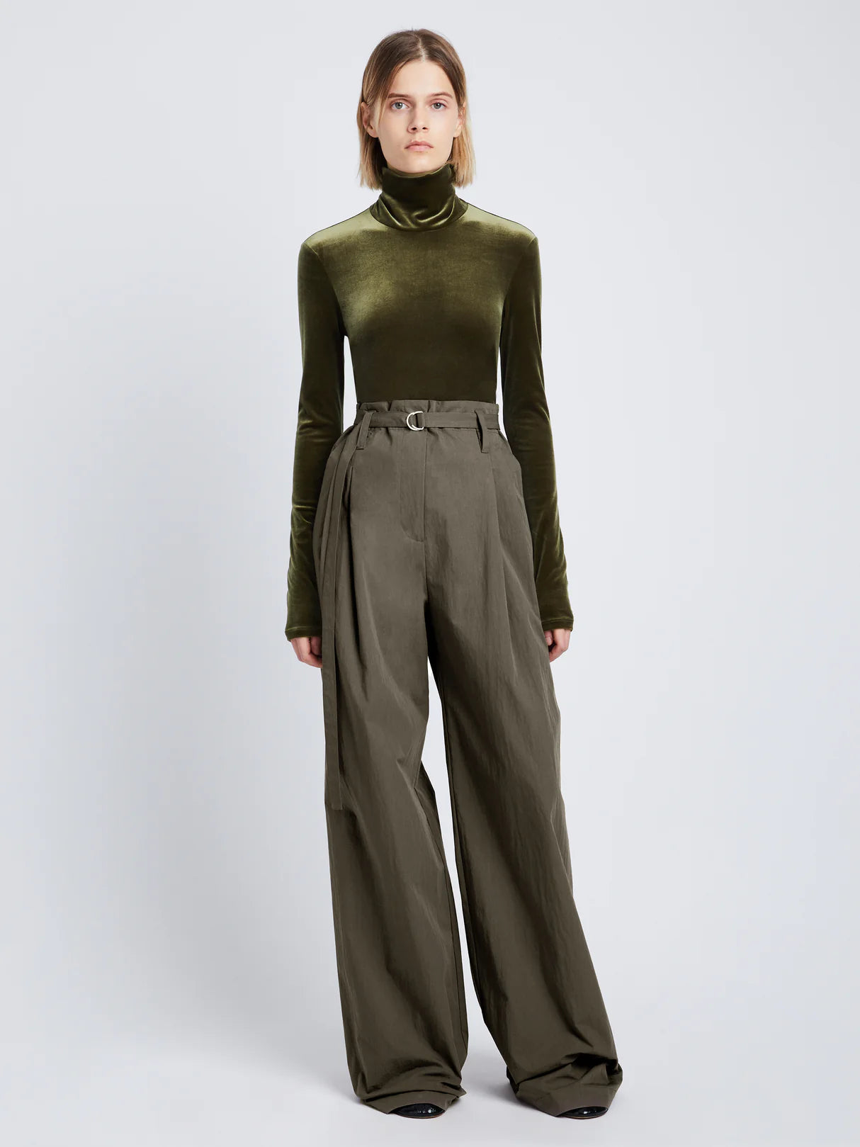 Stretch Velvet Turtleneck Top - Military