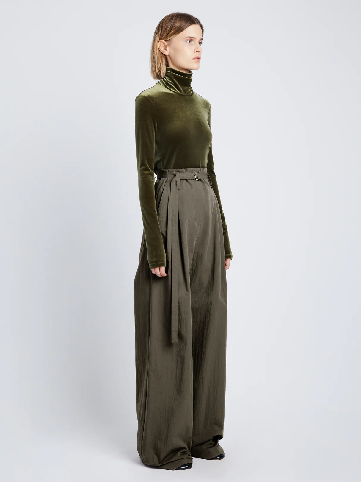 Stretch Velvet Turtleneck Top - Military