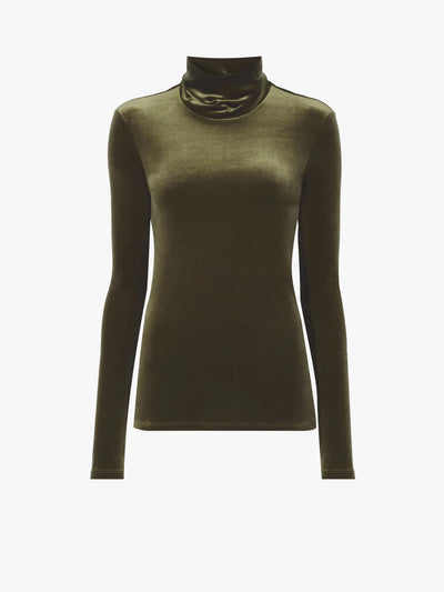 Stretch Velvet Turtleneck Top - Military