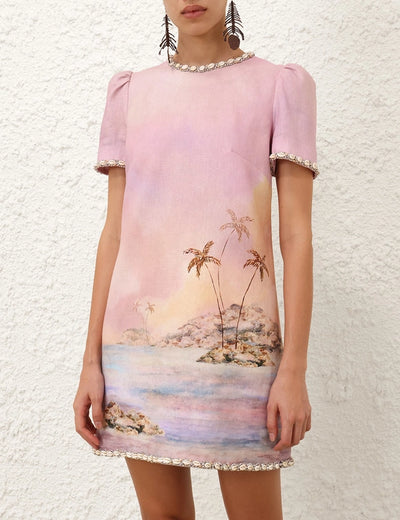 Dawning Embellished Mini Dress - Lilac Seascape