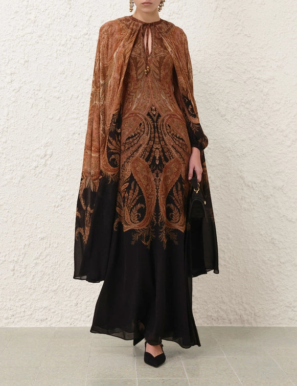 Hypnotic Caped Maxi Dress - Black Paisley