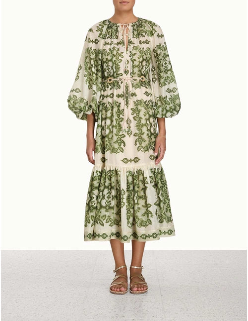 RAIE TIERED BILLOW MIDI DRESS - Green Damask