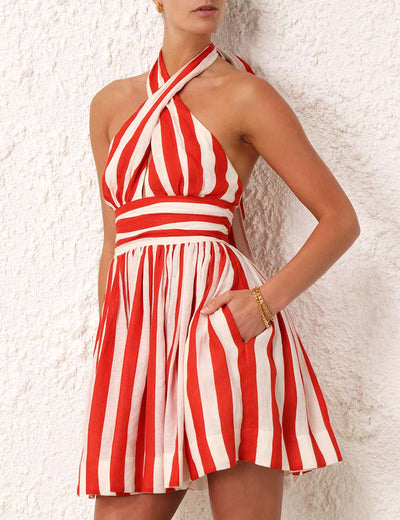 ALIGHT HALTER MINI DRESS - Red/Cream Stripe