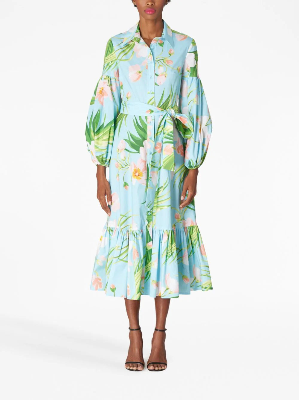 Puff Sleeve Floral-print Belted Dress - Aqua Multi