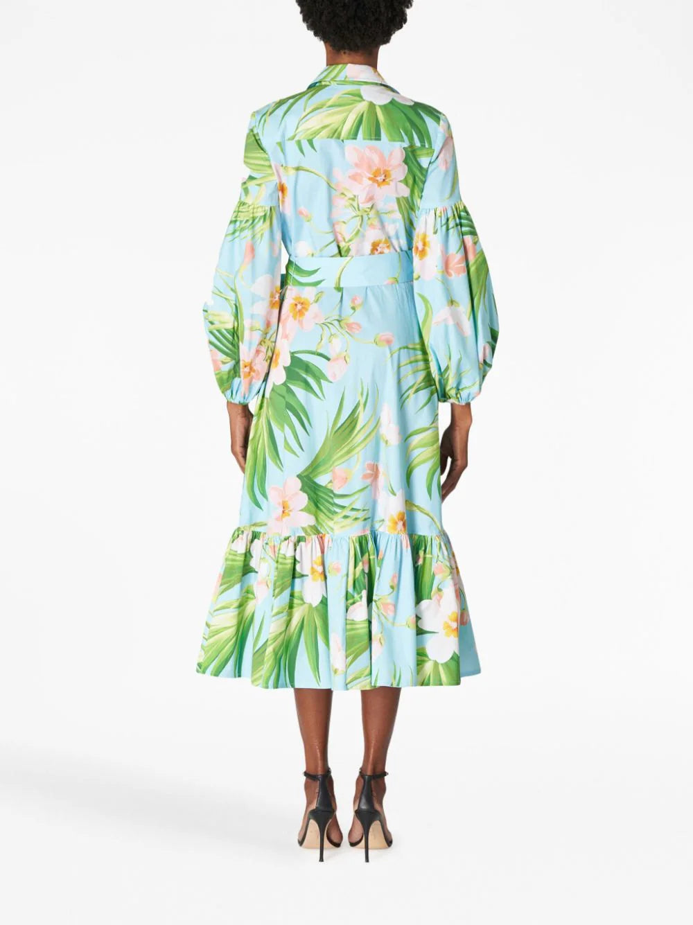Puff Sleeve Floral-print Belted Dress - Aqua Multi