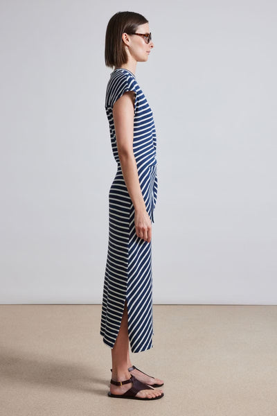 VANINA CINCHED WAIST DRESS - Navy & Cream Stripe