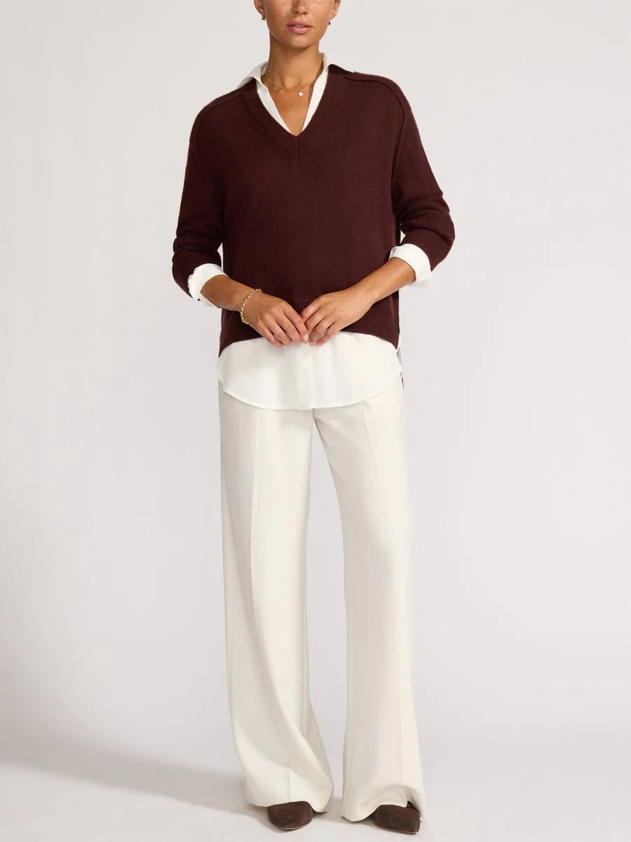The Looker Layered V-Neck - Cordovan with White