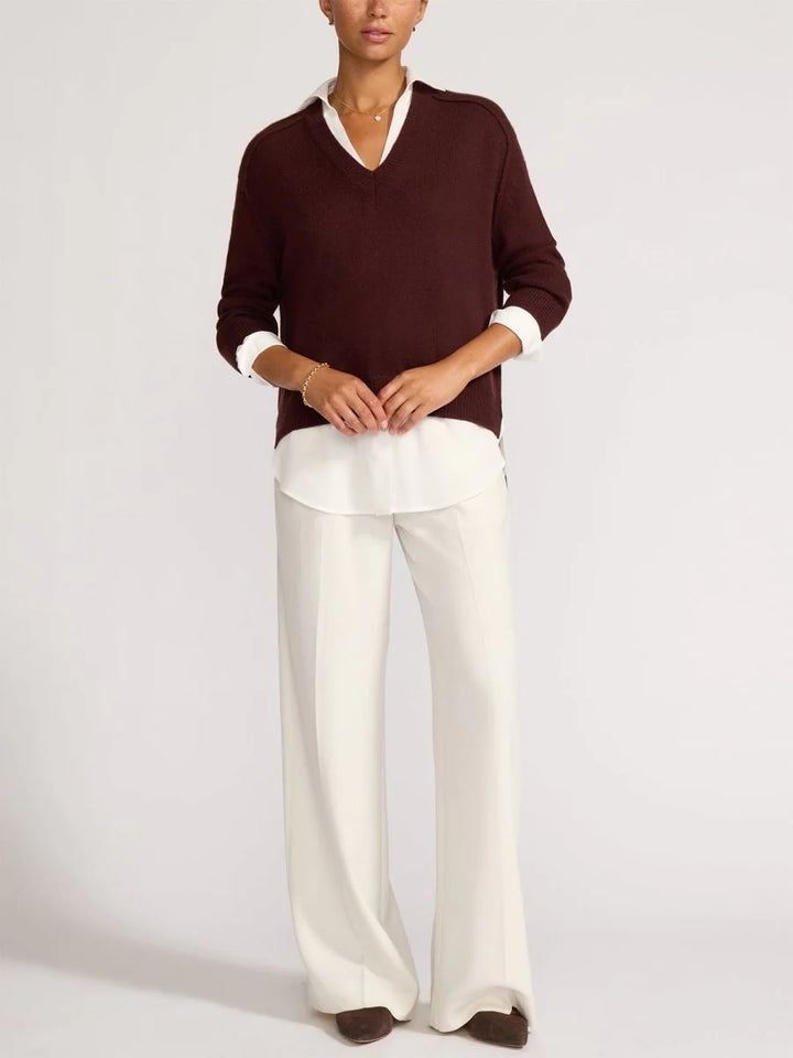 The Looker Layered V-Neck - Cordovan with White