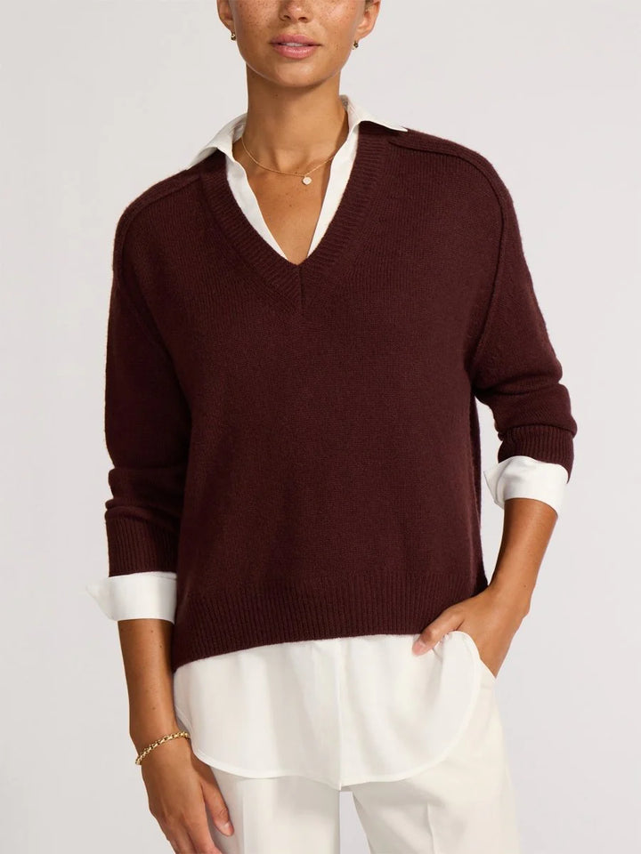 The Looker Layered V-Neck - Cordovan with White