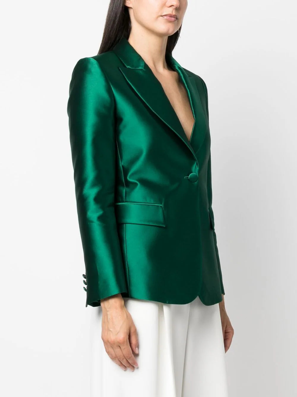 Long-sleeved Satin Single-breasted Blazer - Emerald Green