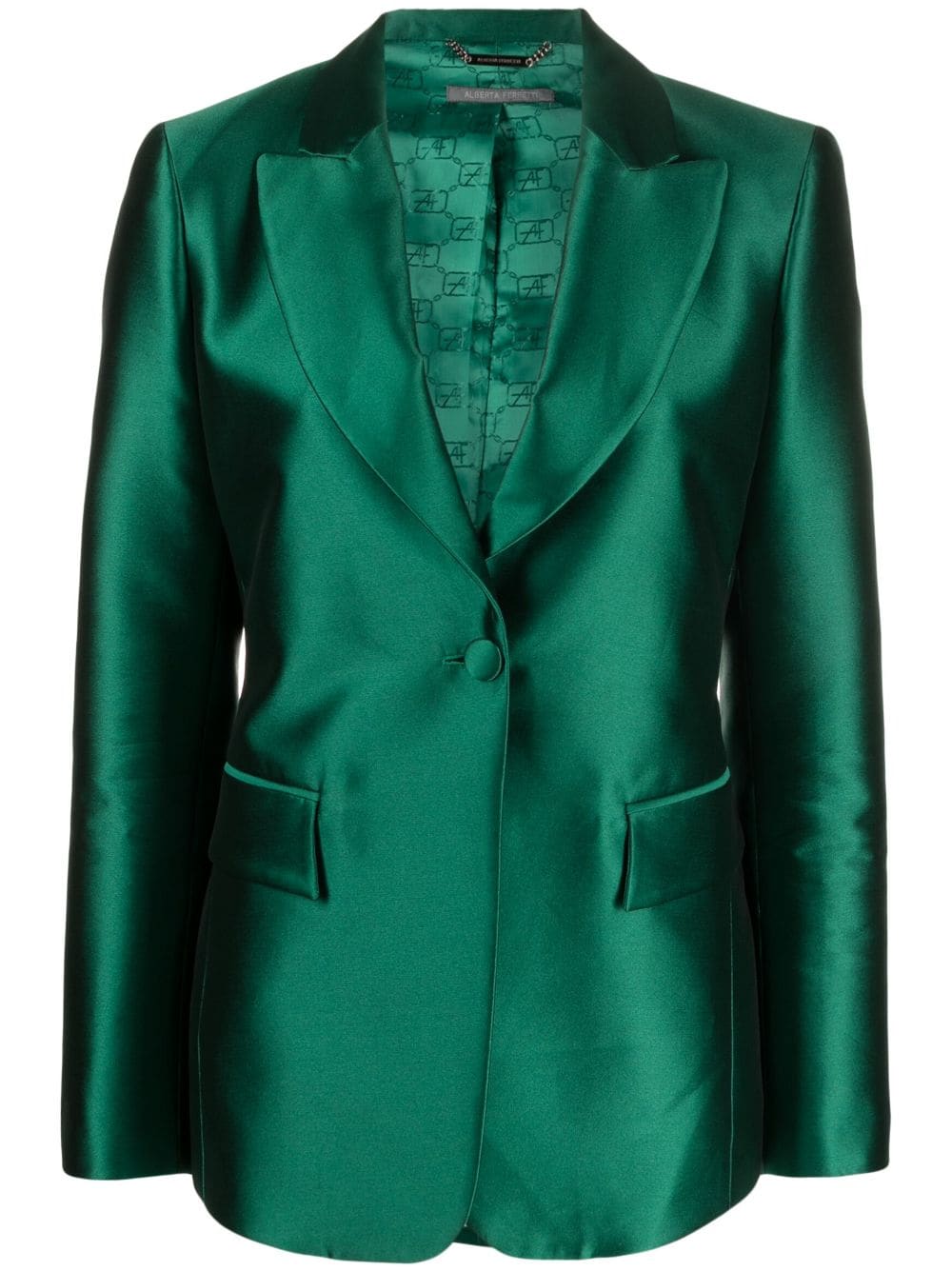 Long-sleeved Satin Single-breasted Blazer - Emerald Green
