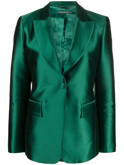 Long-sleeved Satin Single-breasted Blazer - Emerald Green