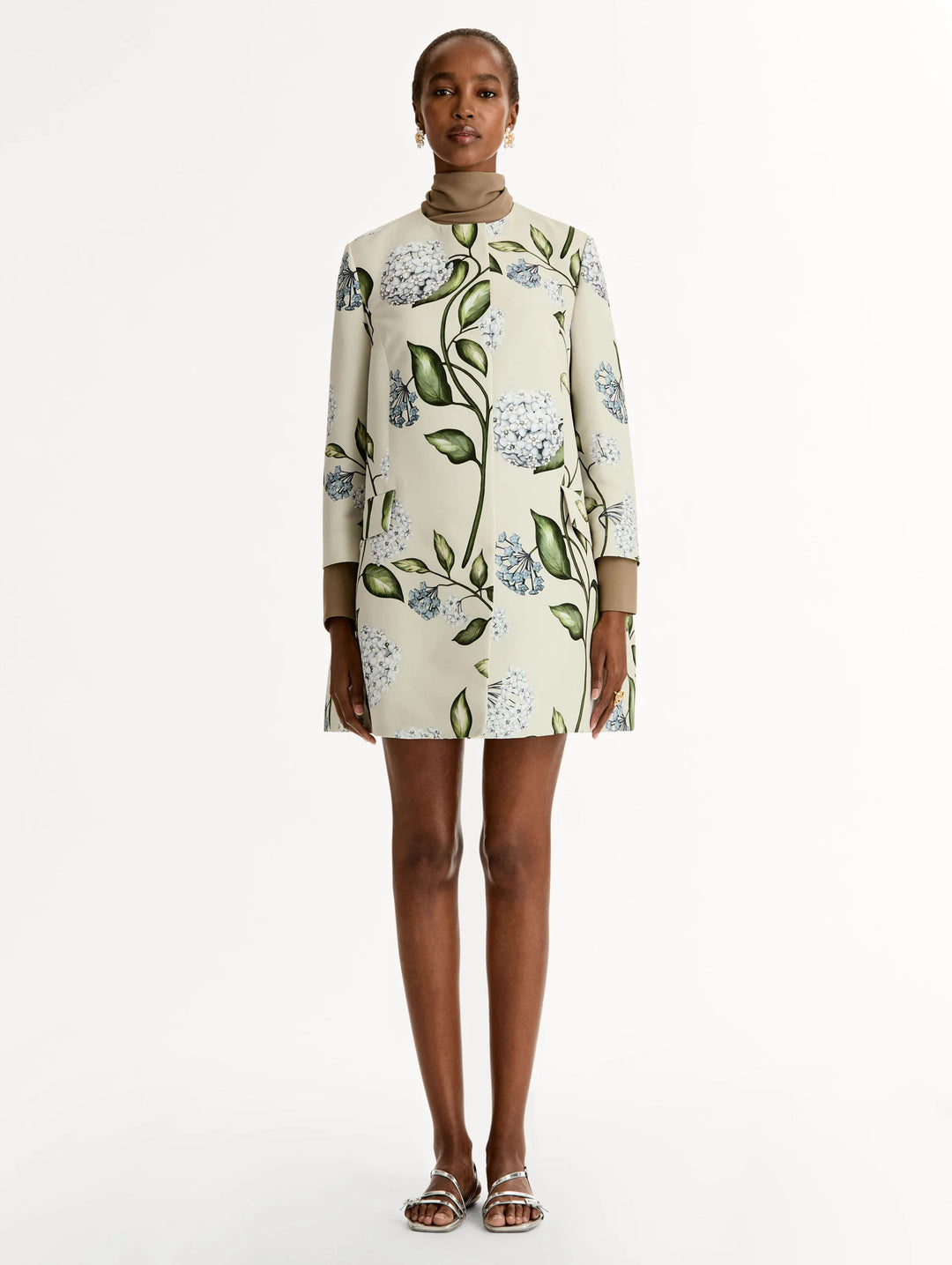 Faille Short Coat with Flowers - Beige