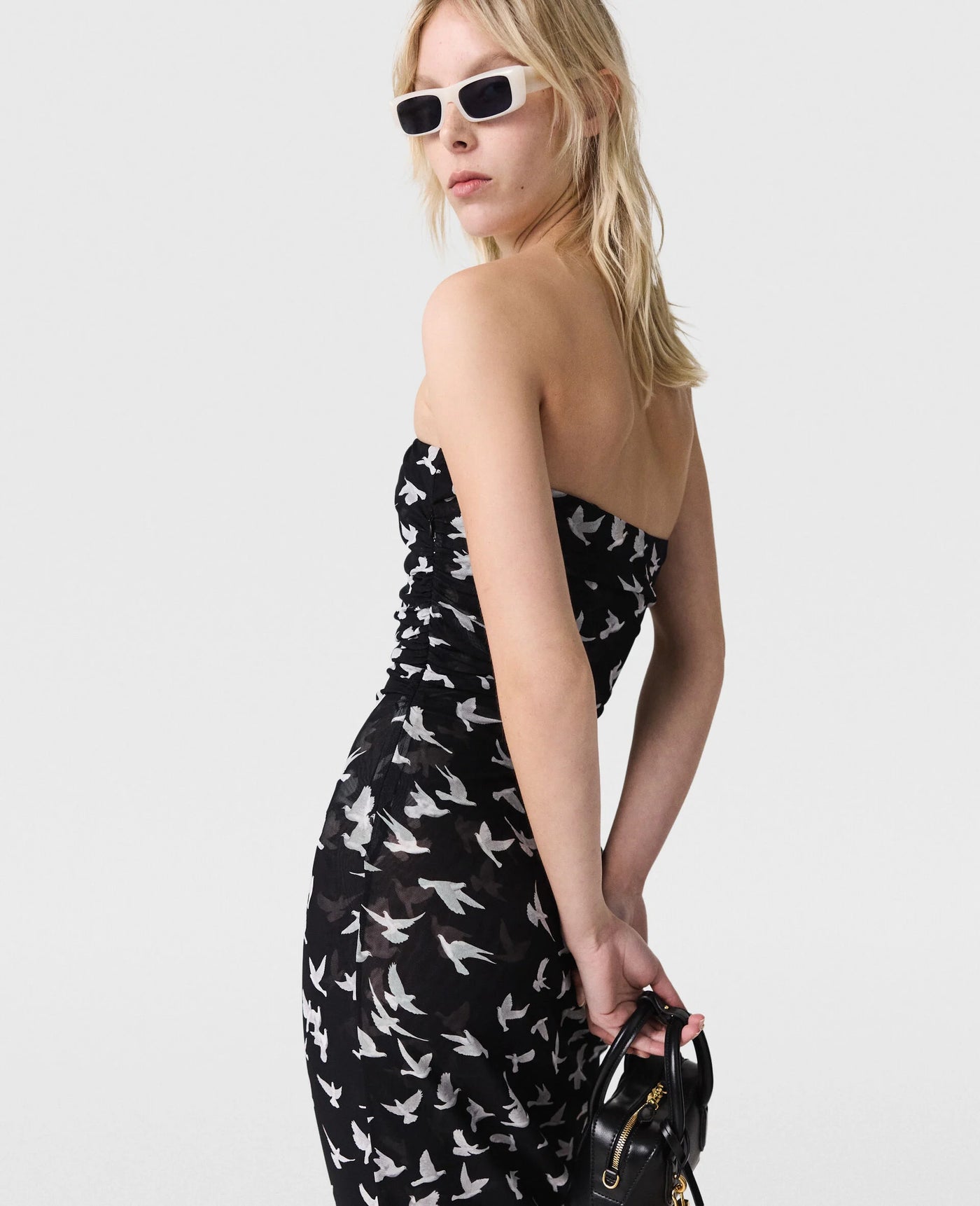 Dove Print Mesh Strapless Midi Dress - Black/White