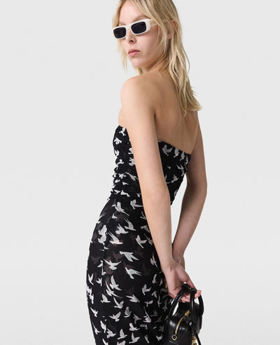 Dove Print Mesh Strapless Midi Dress - Black/White