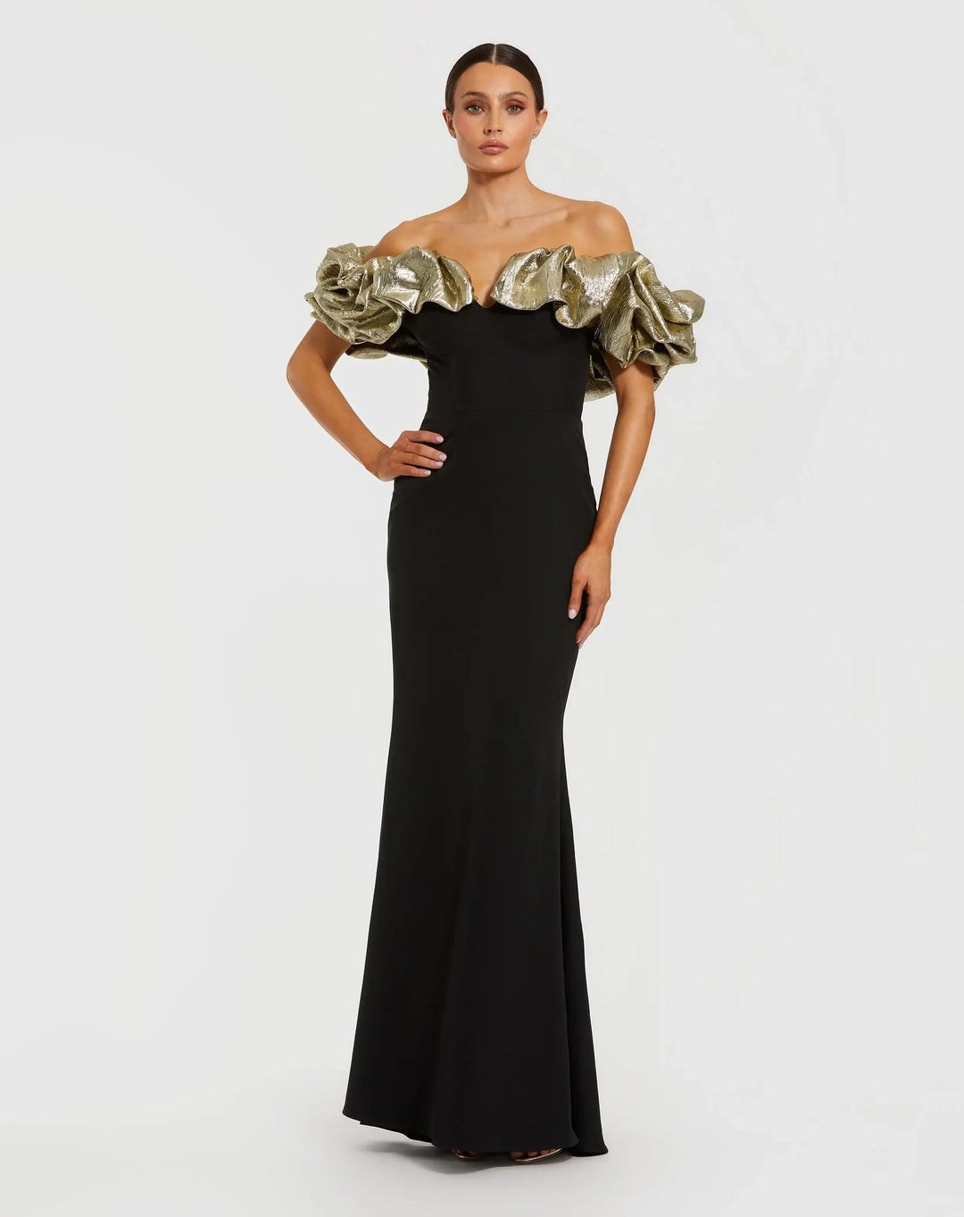 Mermaid Gown With Off The Shoulder Ruffle Detail - Black/Gold Coplons Mermaid Gown With Off The Shoulder Ruffle Detail - Black/Gold Coplons