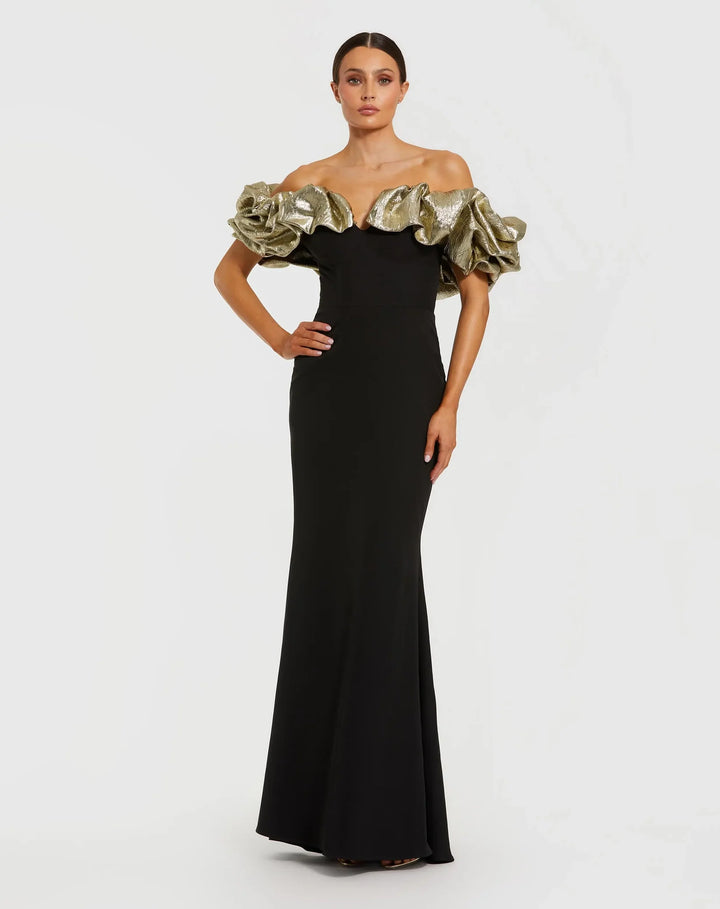 Mermaid Gown With Off The Shoulder Ruffle Detail - Black/Gold