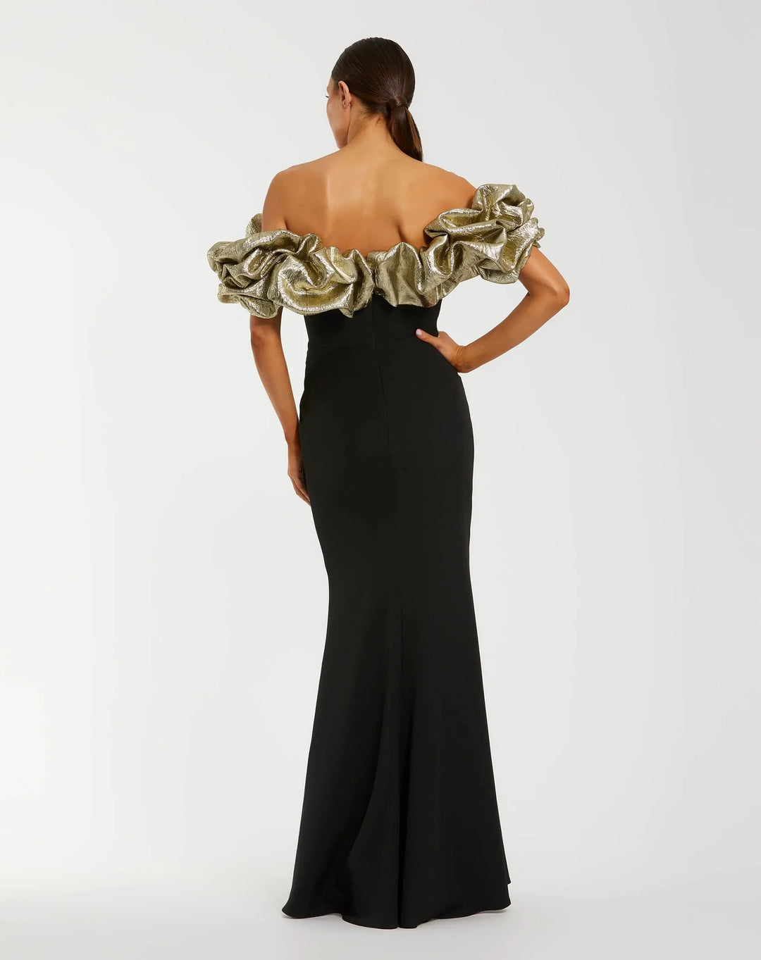Mermaid Gown With Off The Shoulder Ruffle Detail - Black/Gold