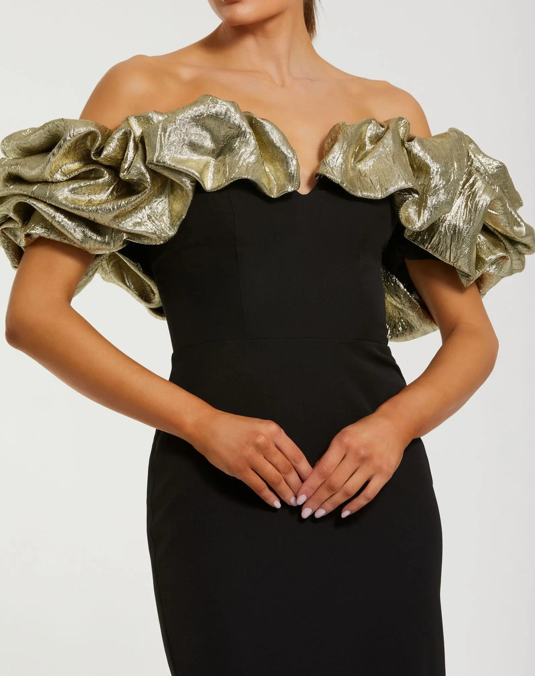 Mermaid Gown With Off The Shoulder Ruffle Detail - Black/Gold