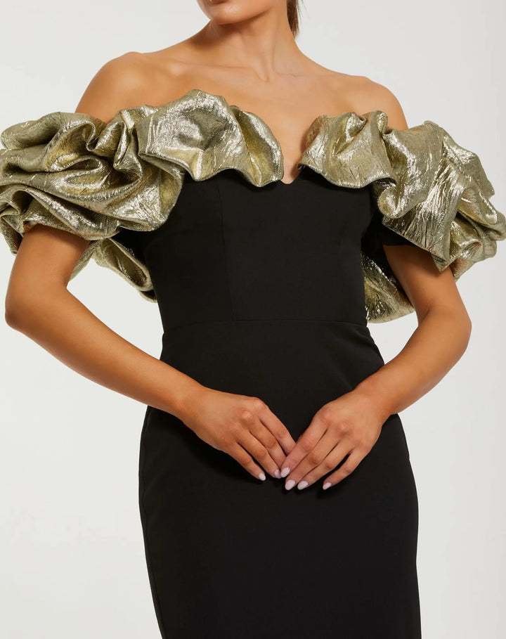 Mermaid Gown With Off The Shoulder Ruffle Detail - Black/Gold