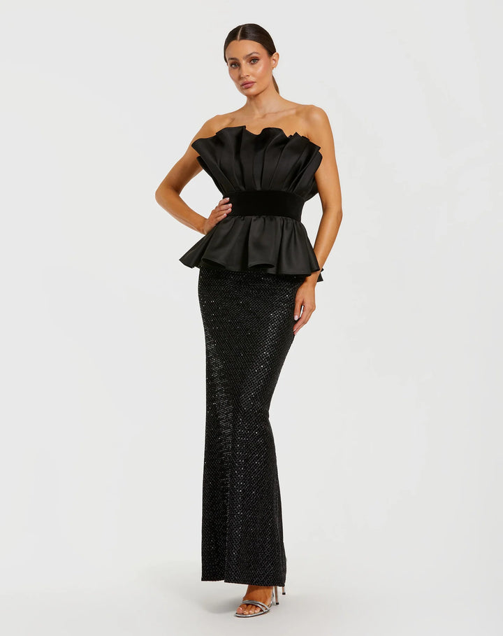 Strapless Satin Peplum Sequin Column Gown - Black