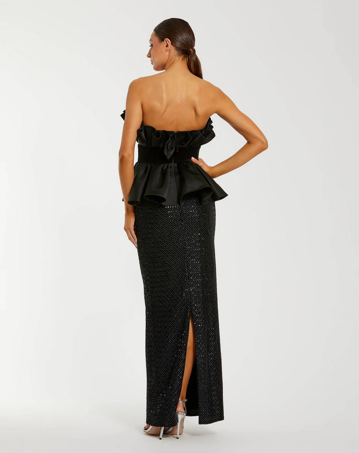 Strapless Satin Peplum Sequin Column Gown - Black