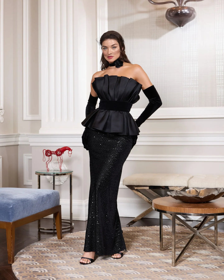 Strapless Satin Peplum Sequin Column Gown - Black