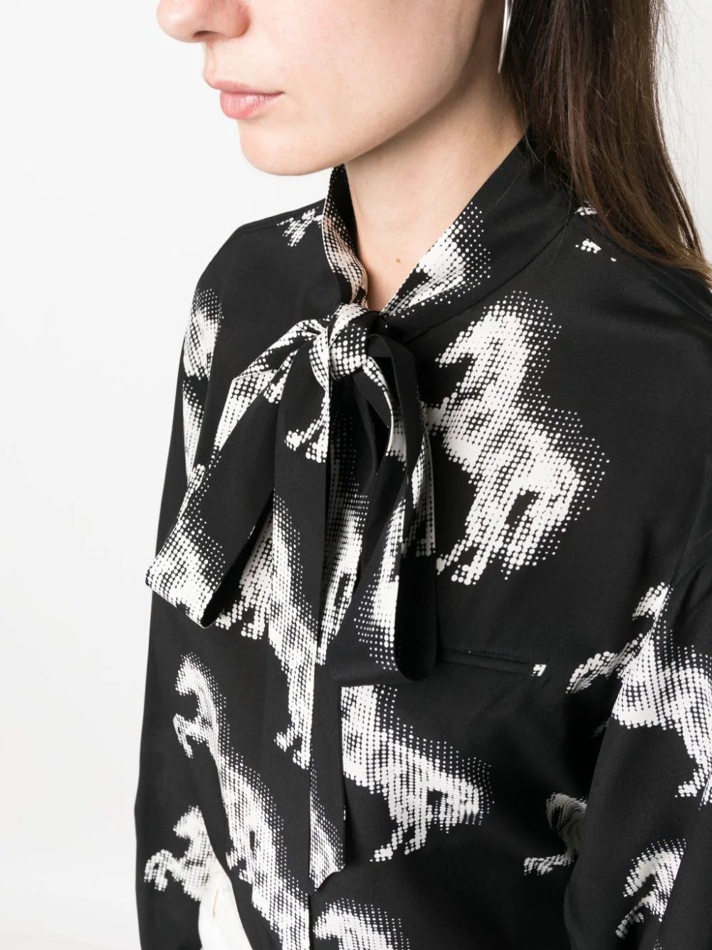 Horse Print Bow Collar Silk Blouse