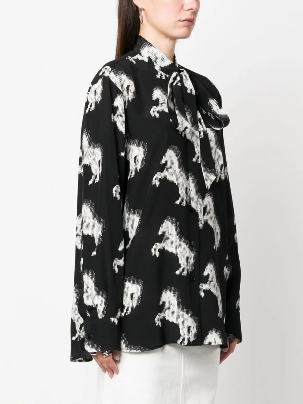 Horse Print Bow Collar Silk Blouse