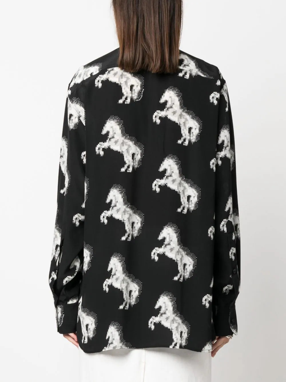 Horse Print Bow Collar Silk Blouse