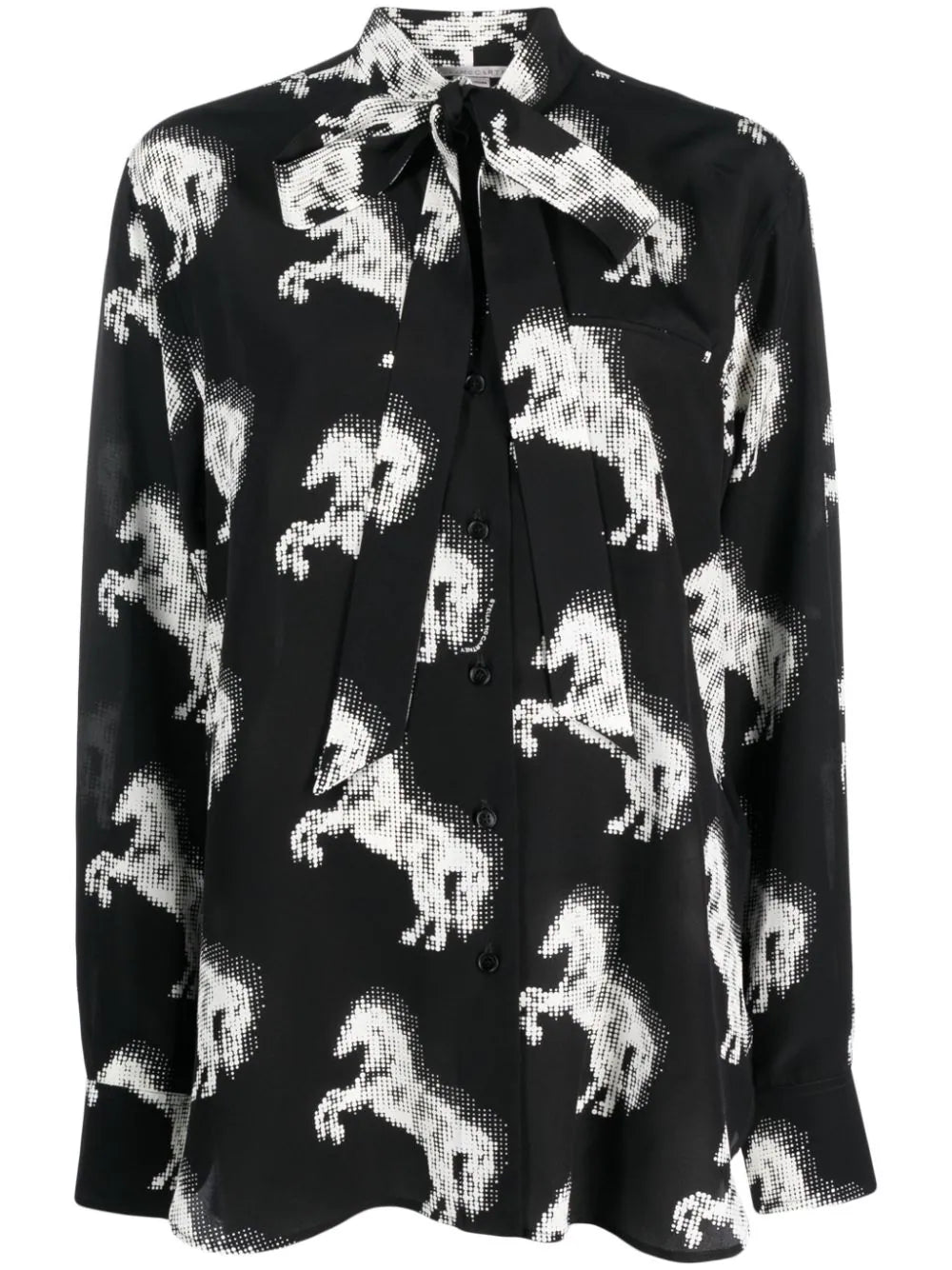 Horse Print Bow Collar Silk Blouse