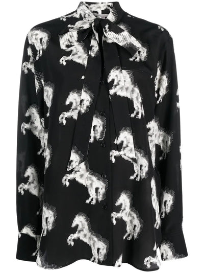 Horse Print Bow Collar Silk Blouse