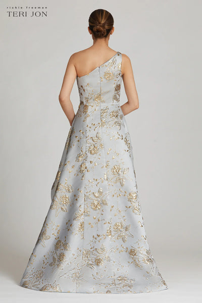 Metallic Jacquard Beaded Gown - Platinum Gold