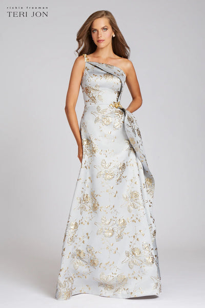 Metallic Jacquard Beaded Gown - Platinum Gold