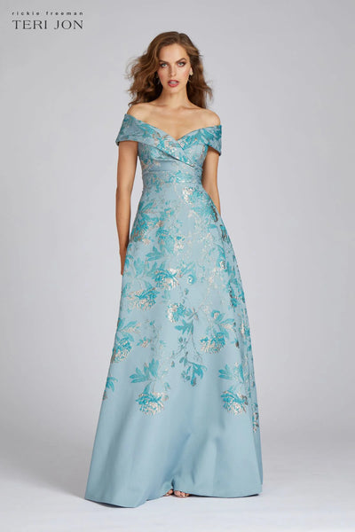 Metallic Jacquard A Line Gown - Aqua Gold