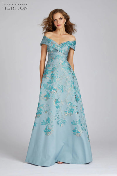 Metallic Jacquard A Line Gown - Aqua Gold