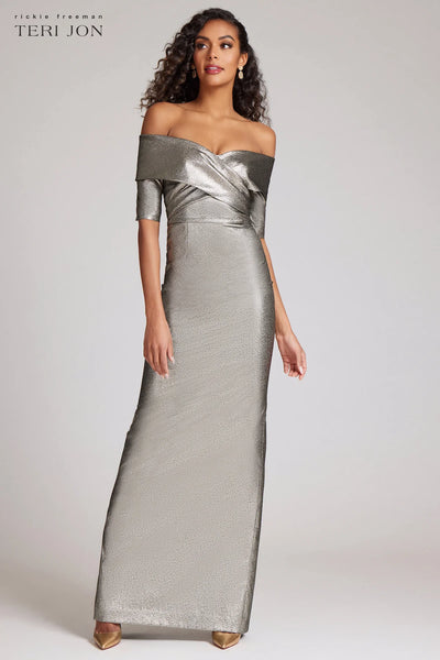 Metallic Jacquard Off Shoulder Portrait Gown - Metallic Gold