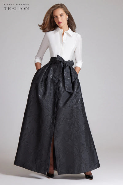 Taffeta Shirt Gown With Textured Jacquard Skirt - White/Black