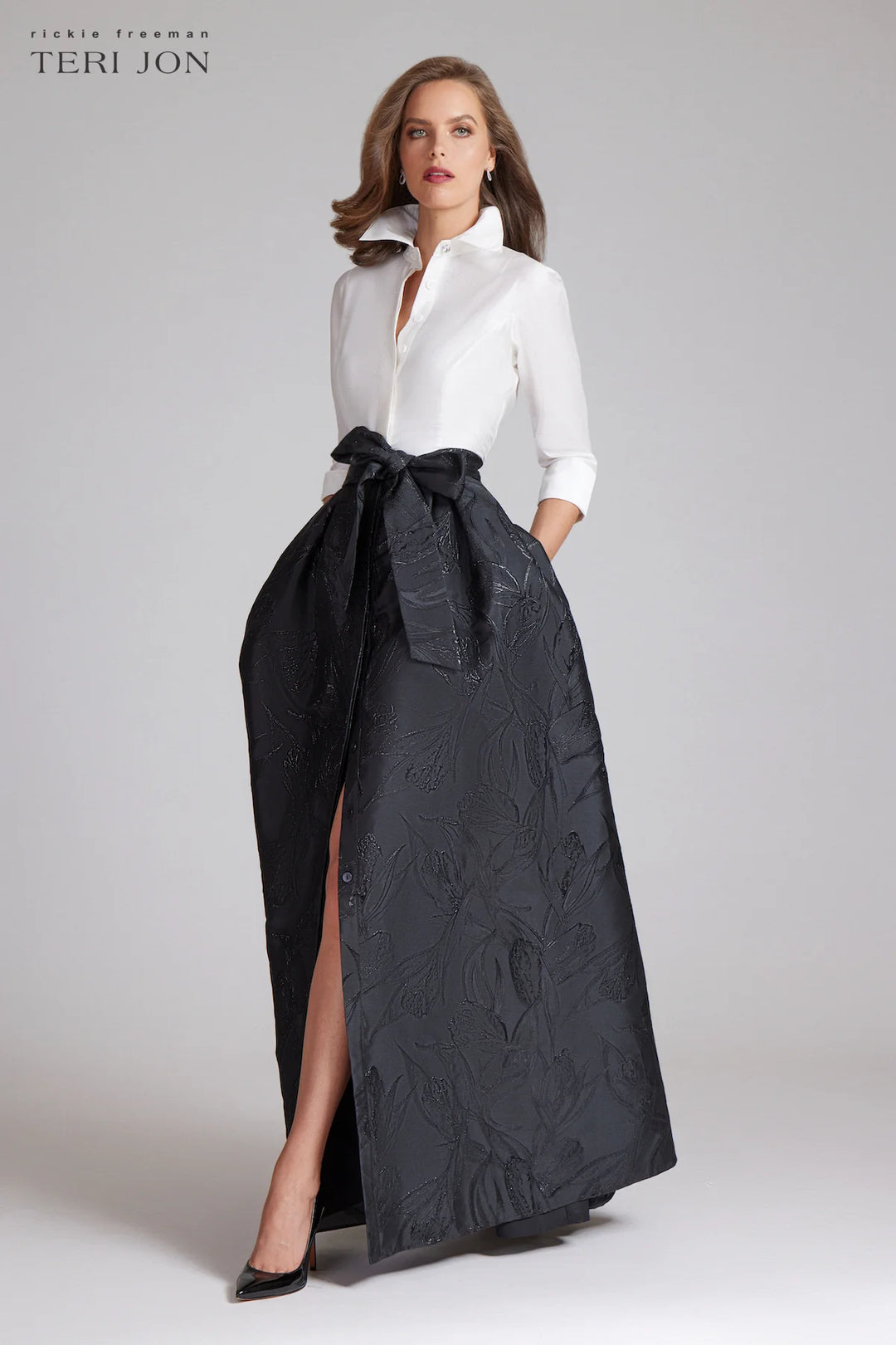 Taffeta Shirt Gown With Textured Jacquard Skirt - White