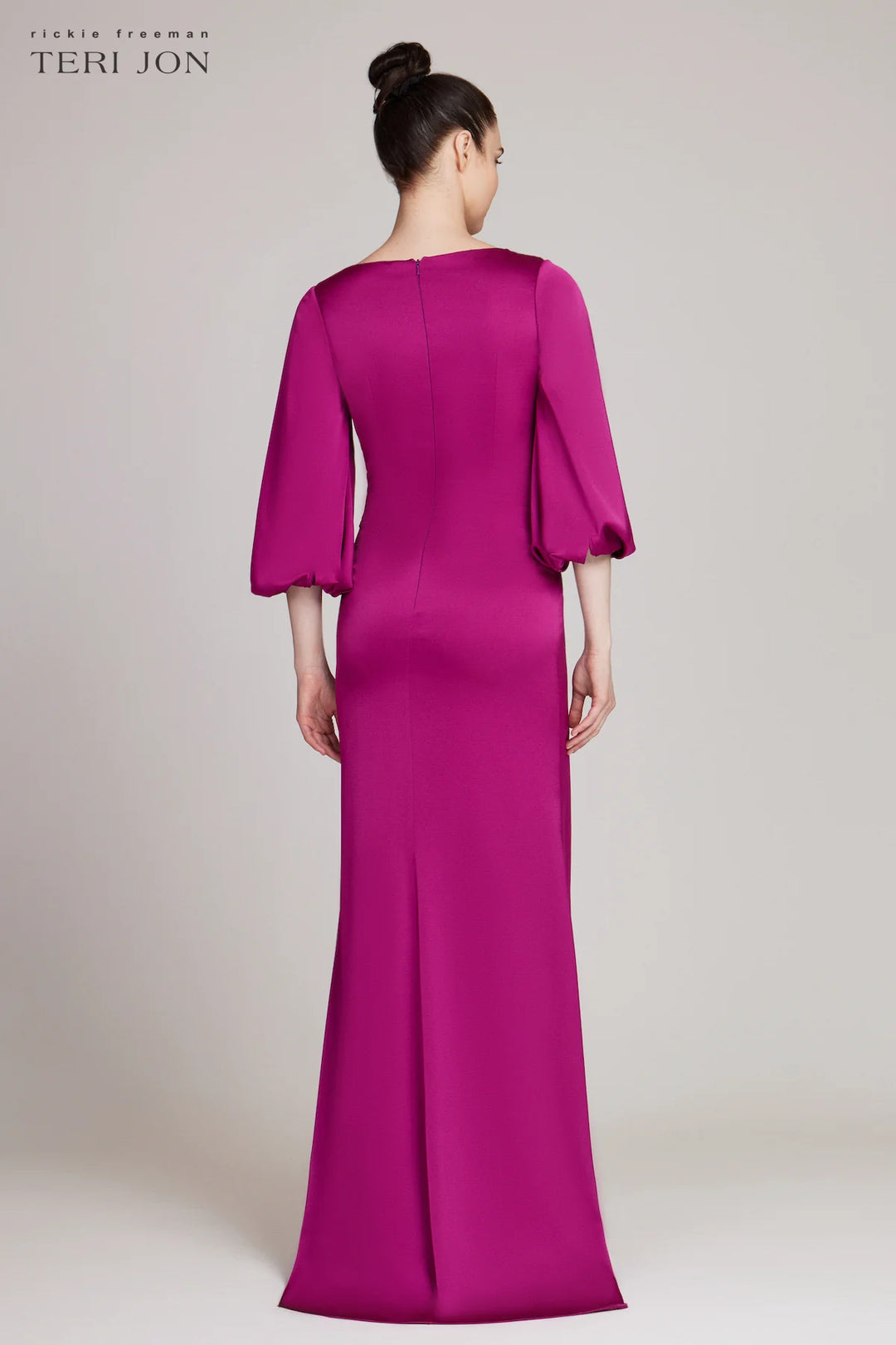Satin Full Sleeve Side Drape Gown - Magenta